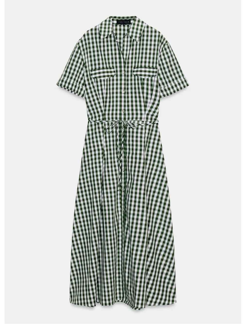 Car Green Gingham Short-Sleeve Shirt Dress with Tie Waist